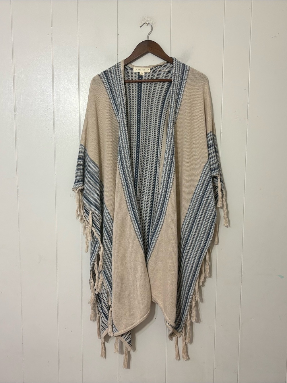 Lovestitch Striped Knit Kimono Poncho Cardigan Cream Blue One Size Boho - Picture 1 of 7